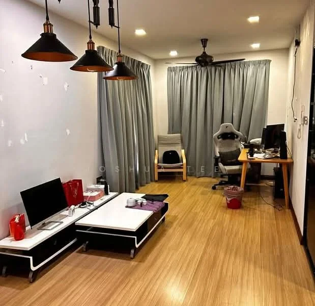 Living features: laminate flooring, white painted walls, recessed downlights, 5-blade ceiling fan, grey curtains, 2-seater coffee table in black and white, TV console, wall-mounted TV, computer desk, ergonomic gaming chair, decorative items on table; style: modern.