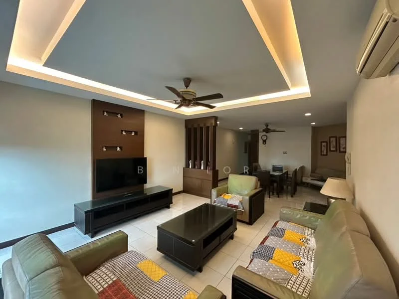 Living features: 5-blade ceiling fan with light, recessed downlights, cream painted walls, white tiled flooring, 2-seater leather sofa in green, 3-seater fabric sofa with patchwork design, coffee table with black surface, TV console with dark wood finish, wall-mounted TV, decorative wall panel with lighting, side table with lamp, dining area visible in background; style: modern.