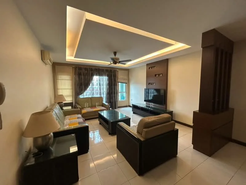 Living features: cream painted walls, white ceiling with recessed lighting, 5-blade ceiling fan with light, 3-seater fabric sofa in beige, 2-seater leather sofa in black, coffee table with glass top, TV console, wall-mounted TV, area rug, curtains, floor-to-ceiling windows, tile flooring; style: modern.
