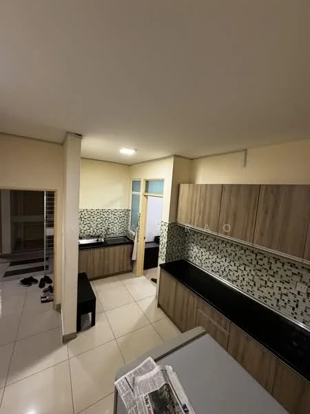 Kitchen features: black granite countertop, wood cabinetry, mosaic tile backsplash, stainless-steel fridge, built-in oven, freestanding range oven, single-bowl stainless-steel sink, chrome pull-down faucet, ceramic tile flooring, recessed downlights, open shelving, kitchen island, wall-mounted cabinets; style: modern.