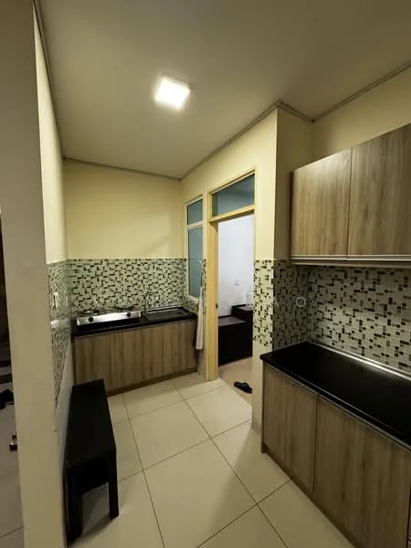Kitchen features: single-bowl stainless-steel sink, chrome pull-down faucet, black countertop, wood cabinetry, green mosaic tile backsplash, cream painted walls, tile flooring, window with glass panes, recessed ceiling light; style: modern.