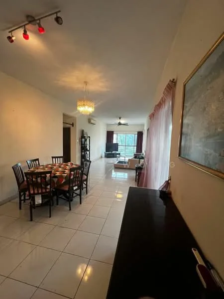 Dining features: 6-seater dining table, black wooden dining chairs, chandelier light fixture, white walls, tile flooring, decorative wall art; style: modern. Living features: sofa set in beige, coffee table, TV console, floor-to-ceiling windows, curtains in dark color, ceiling fan, wall-mounted air conditioning unit, tile flooring; style: modern.