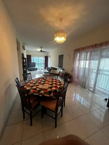 Dining features: 6-seater dining table with patterned tablecloth, wooden dining chairs, pendant light fixture, white painted walls, tiled flooring, floor-to-ceiling windows, curtains, ceiling fan; style: modern. Living features: sofa, TV console, wall-mounted TV; style: modern.