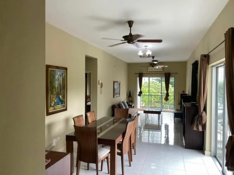 Dining features: dining table with glass top, 6 wooden dining chairs, 2 ceiling fans, large sliding glass door, floor-to-ceiling windows, cream painted walls, white tiled flooring, decorative wall art, curtains on windows, open layout to living area; style: modern; view: garden.
