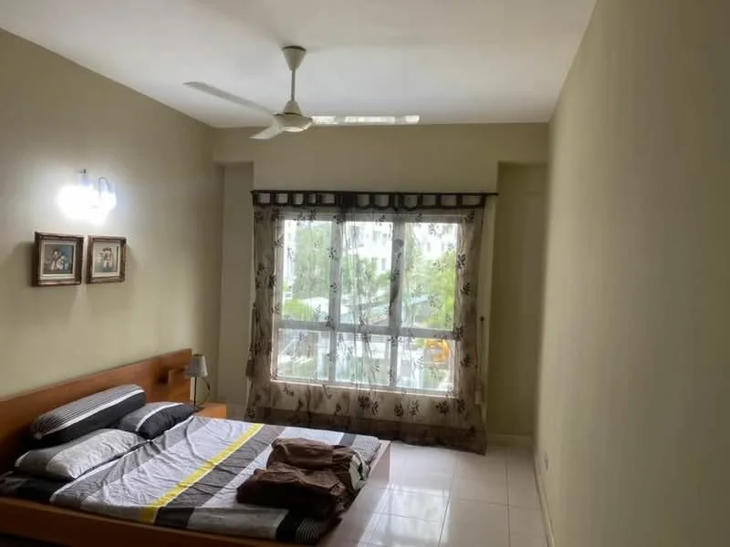 Bedroom features: queen-size bed, upholstered headboard, bedding with grey and yellow accents, 2 bedside lamps, wooden bed frame, floor-to-ceiling windows, curtains with floral pattern, white painted walls, tile flooring, ceiling fan with light, framed artwork on walls; style: modern; view: garden.