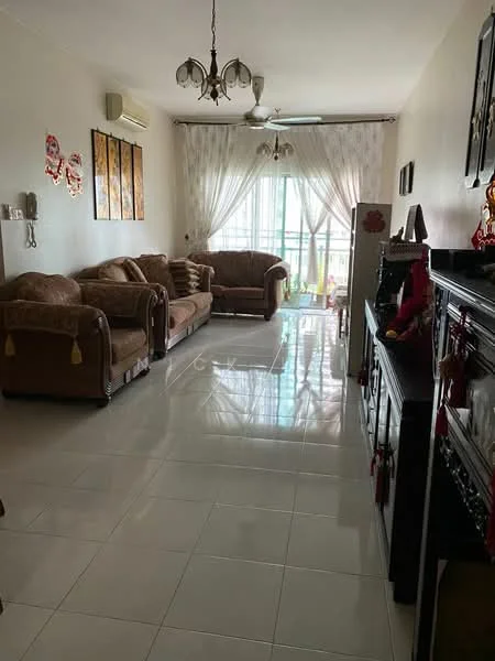 Living features: 3-seater fabric sofa in brown, 2-seater fabric sofa in brown, coffee table, TV console, wall-mounted TV, floor-to-ceiling windows, sheer curtains, white painted walls, glossy ceramic tile flooring, ceiling fan, chandelier, decorative wall art, decorative items on console; style: modern; view: garden.
