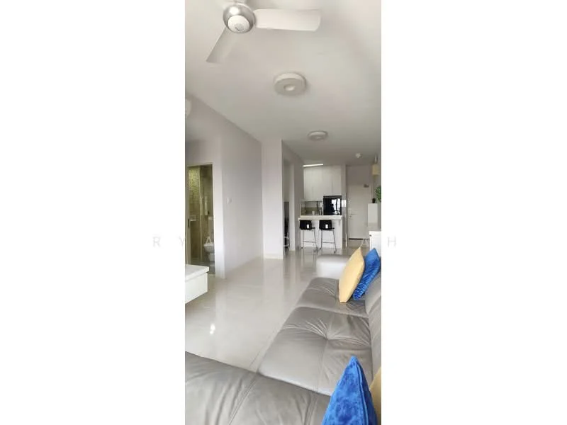 Living features: 3-seater leather sofa in grey, blue decorative cushions, ceiling fan, recessed downlights, white painted walls, marble tile flooring, open layout to kitchen, sliding glass door, natural light from windows; style: modern. Room features: white cabinetry, kitchen island with bar stools, glass door leading to bathroom, neutral color palette.
