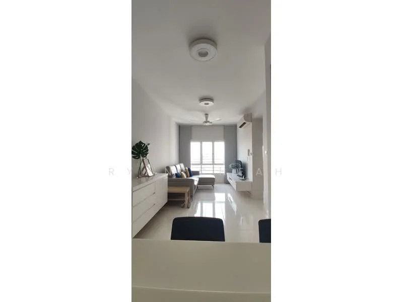 Living features: white painted walls, glossy tile flooring, 5-blade ceiling fan with light, sofa with blue and white cushions, wooden coffee table, TV console, floor-to-ceiling windows, curtains, air conditioning unit, decorative plant; style: modern; view: city.