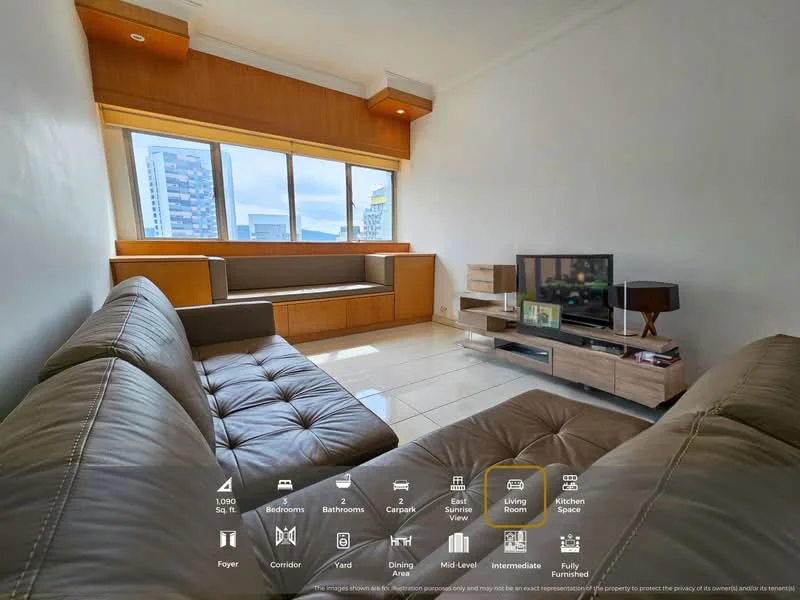 Living features: L-shape sectional sofa in brown, coffee table, wall-mounted TV, TV console, large windows with city view, white painted walls, white tile flooring, wooden feature wall, built-in seating area, decorative shelving unit; style: modern; view: city.