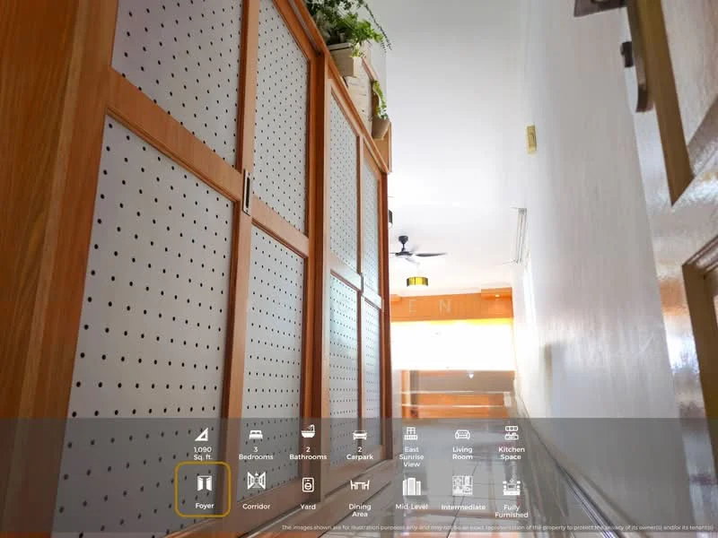 Foyer features: wooden cabinetry with perforated panels, light-colored walls, ceiling fan, tile flooring, decorative plants on top of cabinetry, wall-mounted light fixtures, open layout, doorway leading to other rooms; style: modern; view: corridor.