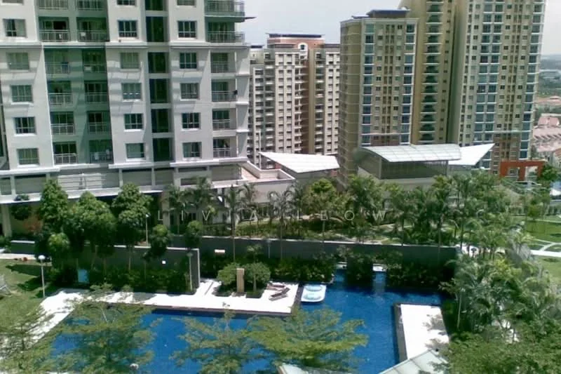 Exterior type: high-rise condominium; features: swimming pool, landscaped garden, manicured lawn, tall palm trees, modern building facade, multiple storeys, balconies on upper floors, outdoor seating area, water feature, surrounding residential buildings; style: modern.