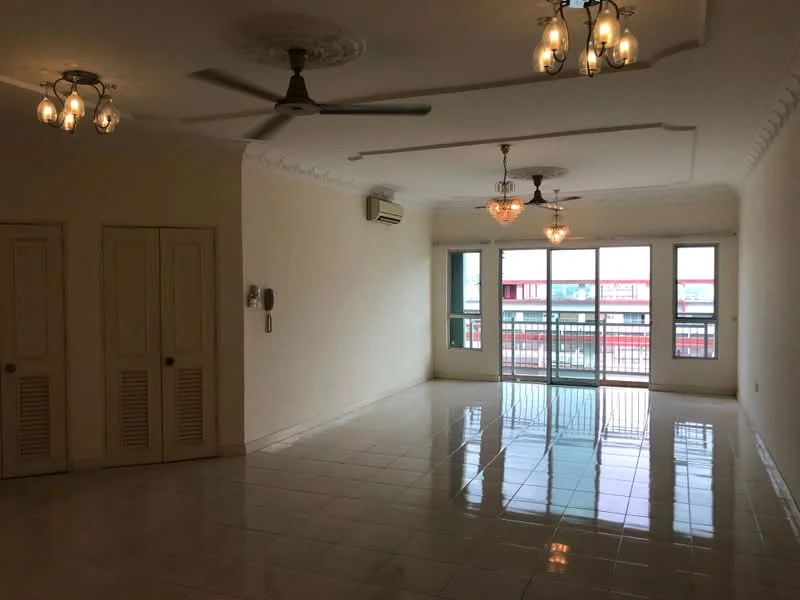 Living features: white painted walls, polished ceramic tile flooring, tray ceiling with decorative moulding, 3-blade ceiling fan, 2 pendant lights, floor-to-ceiling windows, sliding glass door, built-in cabinets with louvered doors, air conditioning unit; style: modern; view: city.
