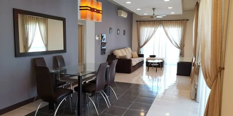 Living features: 3-seater fabric sofa in beige, glass coffee table, dining table with 4 black leather chairs, floor-to-ceiling windows with sheer curtains, grey painted walls, white ceiling with recessed downlights, ceiling fan, mirror on wall, tile flooring in black and white pattern, decorative wall art; style: modern; view: city.