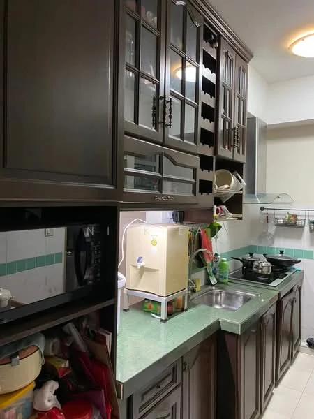 Kitchen features: dark wood cabinetry with glass-front upper cabinets, green countertop, stainless-steel sink, chrome faucet, built-in microwave, freestanding gas stove, tile backsplash with green accents, open shelving, various kitchen utensils and appliances visible, recessed ceiling light; style: modern.