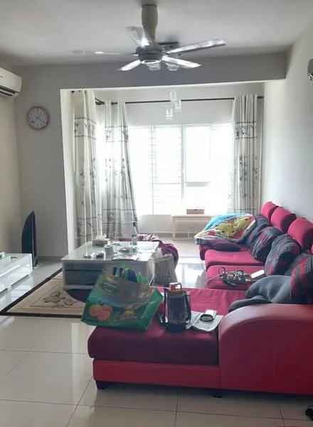 Living features: red L-shape sectional sofa, glass coffee table, area rug with geometric pattern, wall-mounted TV, 5-blade ceiling fan with light, white painted walls, large window with sheer curtains, air conditioning unit, decorative wall clock, decorative throw pillows, potted plant, side table, remote control, blanket draped over sofa; style: modern.