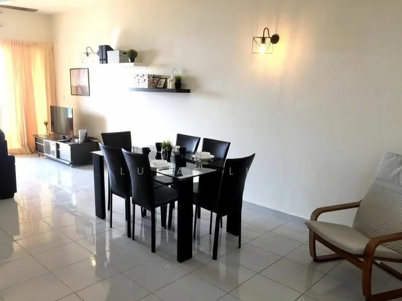Dining features: glass dining table, 6 black upholstered dining chairs, white walls, tile flooring, wall-mounted shelf, decorative plants on shelf, wall sconce lighting, TV console with TV, sofa in living area visible, curtains for natural light; style: modern.
