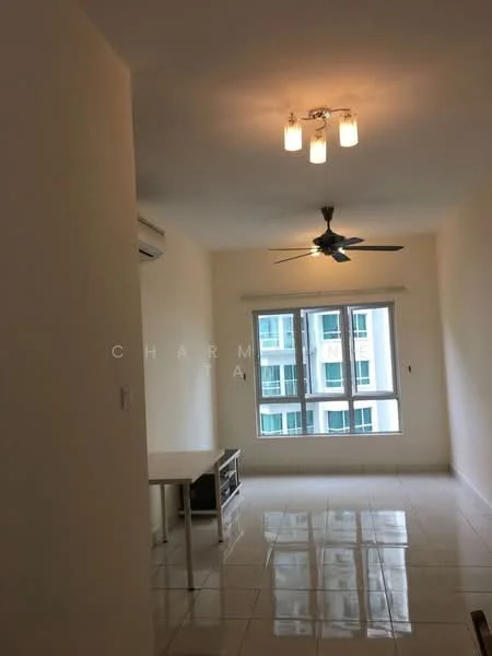 Living features: white painted walls, glossy tile flooring, 5-blade ceiling fan with light, recessed ceiling lights, floor-to-ceiling windows, window treatments, TV console, dining table, air conditioning unit; style: modern.