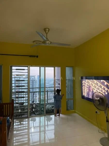 Living features: yellow painted walls, white tiled flooring, floor-to-ceiling windows, sliding glass door, wall-mounted TV, ceiling fan, decorative wall mirror, curtains, view of city skyline; style: modern; view: city.