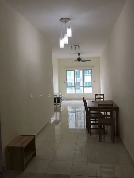 Dining features: rectangular wooden dining table, four wooden dining chairs, white painted walls, glossy ceramic tile flooring, ceiling fan with light, three pendant lights, large window with city view, neutral color scheme; style: modern; view: city.