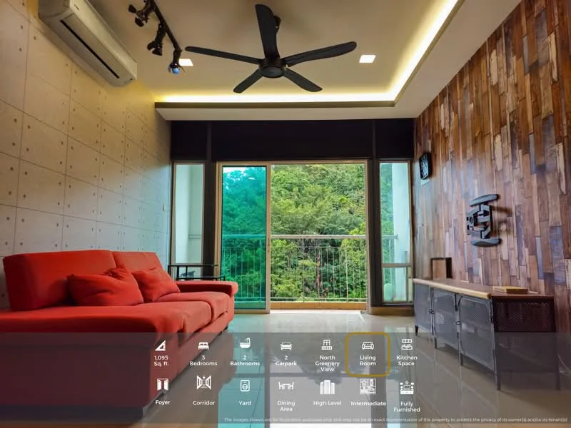 Living features: red fabric sofa, wooden TV console, wall-mounted TV, exposed concrete walls, wood panel accent wall, recessed LED downlights, 5-blade ceiling fan, floor-to-ceiling windows, sliding glass door, view of greenery, wooden flooring; style: modern; view: garden.