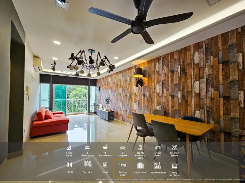 Living features: red fabric sofa, wooden coffee table, ceiling fan with light, chandelier with multiple bulbs, wood accent wall with paneling, white painted walls, large glass sliding door, marble tile flooring, TV console, decorative wall sconce, area rug, floor-to-ceiling windows, view of greenery; style: modern; view: garden.
