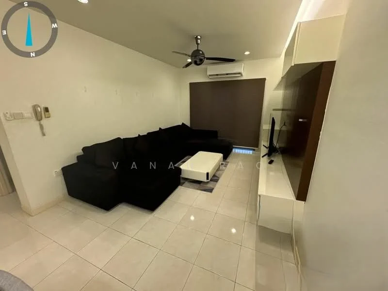 Living features: black fabric sectional sofa, white coffee table, wall-mounted TV, TV console, recessed downlights, ceiling fan with light, cream painted walls, glossy tile flooring, window with brown roller blinds, air conditioning unit; style: modern.