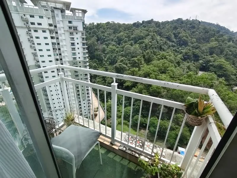Balcony features: metal railing, green carpet flooring, small potted plants, outdoor chair, view of greenery, view of swimming pool below; view: garden.