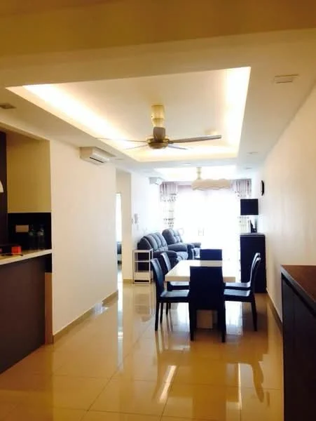 Dining features: dining table with black chairs, recessed ceiling with LED lighting, cream painted walls, glossy tile flooring, 5-blade ceiling fan, wall-mounted TV, large windows with sheer curtains, open layout to living area; style: modern. Living features: grey fabric sofa, coffee table, TV console, large windows with sheer curtains, cream painted walls, glossy tile flooring, recessed ceiling with LED lighting; style: modern.