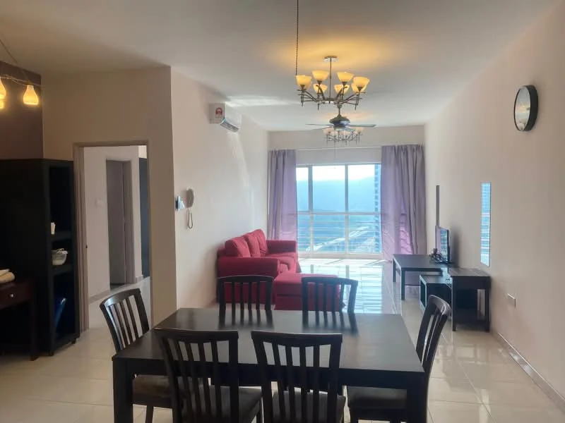Living features: red fabric sofa, 4-seater dining table in dark wood, ceiling fan with light, wall-mounted TV, floor-to-ceiling windows, curtains in light purple, white painted walls, glossy white tile flooring; style: modern; view: city.