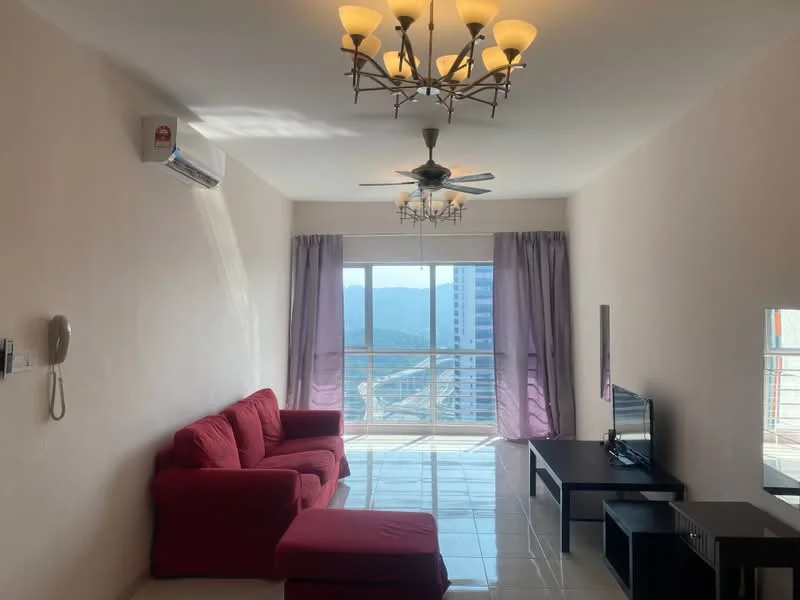 Living features: 3-seater fabric sofa in red, ottoman in red, wall-mounted TV, TV console, ceiling fan with light, recessed downlights, floor-to-ceiling windows, curtains in light purple, white painted walls, glossy tile flooring, telephone on wall, mountain view; style: modern; view: mountain.