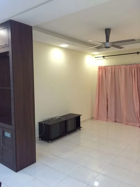 Living features: white painted walls, glossy white tile flooring, recessed downlights, 5-blade ceiling fan, built-in wooden cabinet, TV console, curtains in pink, open space layout; style: modern.
