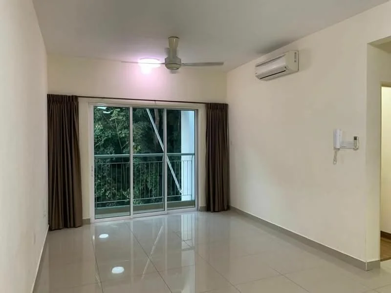 Living features: white painted walls, glossy ceramic tile flooring, 5-blade ceiling fan with light, sliding glass door, floor-to-ceiling windows, curtains, wall-mounted air conditioning unit, balcony view; style: modern; view: garden.