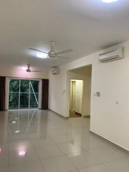 Living features: white painted walls, polished ceramic tile flooring, 2 ceiling fans, 2 wall-mounted split AC units, large windows with sheer curtains, sliding glass door leading to balcony, recessed downlights, neutral color scheme; style: modern; view: garden.