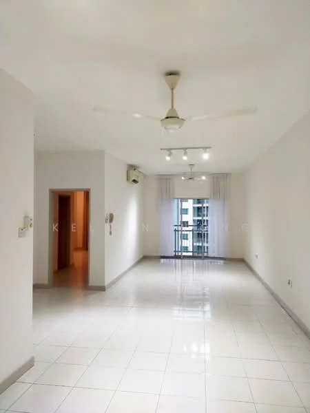 Living features: white painted walls, glossy ceramic tile flooring, 5-blade ceiling fan with light, recessed LED downlights, floor-to-ceiling windows, sliding glass door, sheer curtains, air conditioning unit, open layout, neutral color scheme; style: modern; view: city. Room features: white painted walls, glossy ceramic tile flooring, doorway leading to another room.