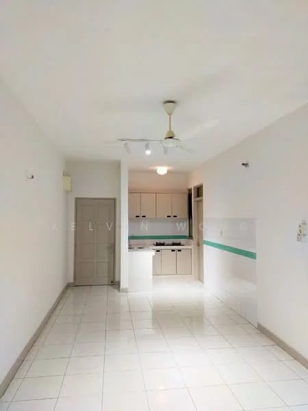 Living features: white painted walls, glossy white tile flooring, 5-blade ceiling fan with light, recessed downlights, kitchen area with cabinets, kitchen countertop, open layout, door leading to hallway; style: modern.