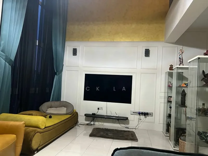 Living features: white painted walls, yellow accent wall, floor-to-ceiling windows with sheer curtains, TV mounted on wall, light-colored tiled flooring, grey area rug, curved yellow sofa, beige armchair, glass display cabinet, decorative items on shelves, speakers mounted on walls; style: modern.
