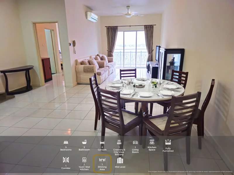 Dining features: 6-seater dining table, wooden dining chairs, table set with plates and cutlery, white tiled flooring, wall-mounted air conditioning unit, ceiling fan, decorative plant on table, large window with city view; style: modern; view: city. Living features: beige fabric sofa, coffee table, TV console, wall-mounted TV, large window with city view, light-colored walls, decorative artwork on wall; style: modern; view: city. Kitchen features: open-plan layout, kitchen island, white cabinetry, stainless-steel sink, built-in oven, stove, refrigerator, tile backsplash; style: modern. Room features: corridor leading to other rooms, light-colored walls, white tiled flooring.