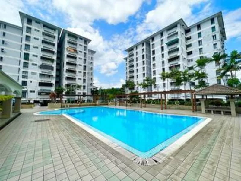 Exterior type: mid-rise condominium; features: infinity pool, pool deck with loungers, landscaped garden, palm trees, covered gazebo, manicured lawn, white painted facade, balconies on upper floors, glass railings, tiled walkway; style: modern.