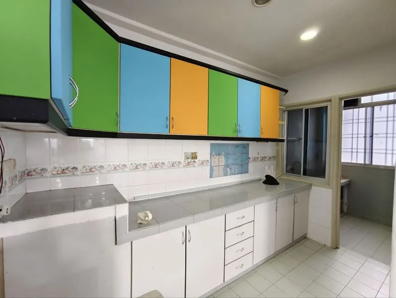 Kitchen features: blue upper cabinets, green upper cabinets, orange upper cabinets, white lower cabinets, grey countertop, white tiled backsplash, double-bowl stainless-steel sink, wall-mounted faucet, window with grid pattern, tile flooring, fluorescent ceiling light; style: modern.