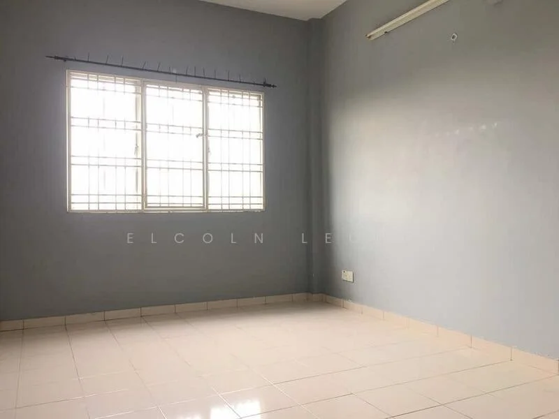 Room features: light grey painted walls, white tiled flooring, square grid window with metal grilles, no visible ceiling features, no visible furniture or decor; style: minimalist.