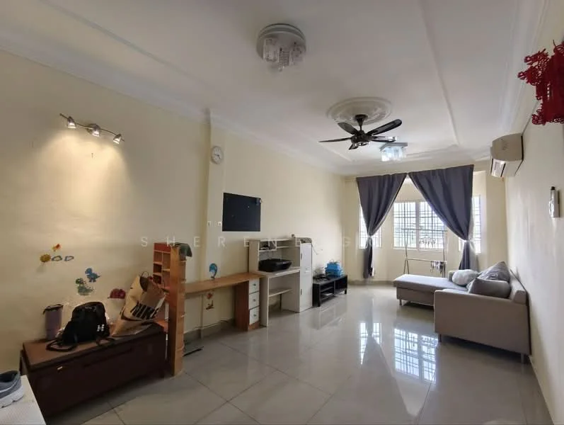 Living features: cream painted walls, glossy tile flooring, 5-blade ceiling fan with light, recessed downlights, sofa in light grey fabric, wooden TV console, wall-mounted TV, curtains in grey fabric, decorative wall clock, open shelving unit, decorative wall art, air conditioning unit; style: modern.