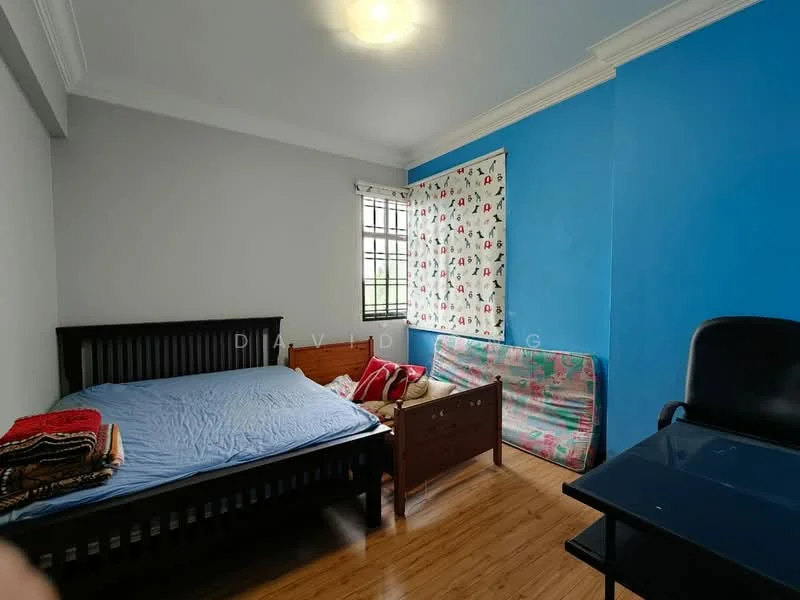 Bedroom features: blue painted walls, white painted walls, wooden flooring, queen-size bed, wooden bed frame, window with grid bars, curtains with pattern, sofa bed, desk with chair, ceiling light.