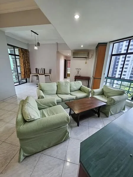 Living features: green fabric sofa set with loose cushions, wood coffee table, tile flooring, floor-to-ceiling windows, curtains with floral pattern, recessed downlights, air conditioning unit, open layout to dining area, decorative wall, wall-mounted TV console; style: modern; view: garden.