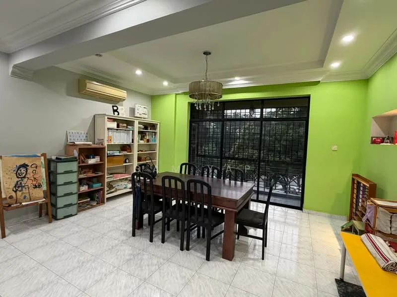 Dining features: dining table with 8 chairs, green accent wall, white painted walls, recessed downlights, chandelier, sliding glass door, floor-to-ceiling windows, built-in shelving unit, open shelving, tile flooring, air conditioning unit; style: modern; view: garden.