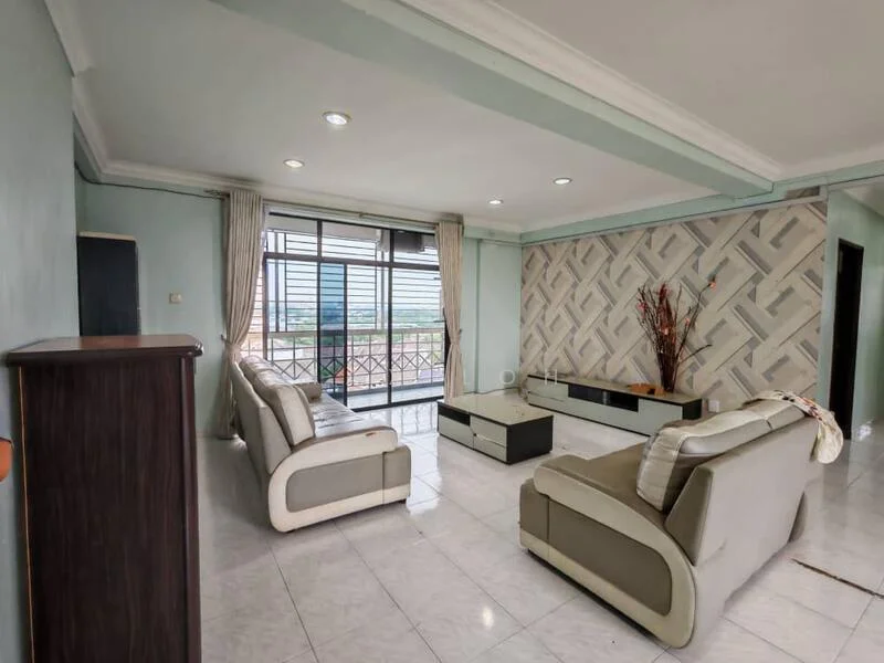 Living features: 2-seater fabric sofa in grey, 3-seater fabric sofa in beige, coffee table, TV console, wall-mounted TV, area rug, large floor-to-ceiling windows, curtains, decorative wall with geometric pattern, white painted walls, marble tile flooring, recessed downlights, crown moulding; style: modern; view: city.