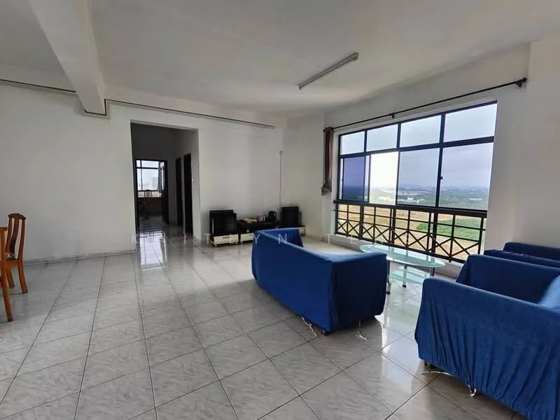 Living features: blue fabric sofa, glass coffee table, tile flooring, white painted walls, large windows with city view, ceiling lights, open layout, dining table with chairs; style: modern; view: city. Room features: tile flooring, white painted walls, doorway leading to other rooms.