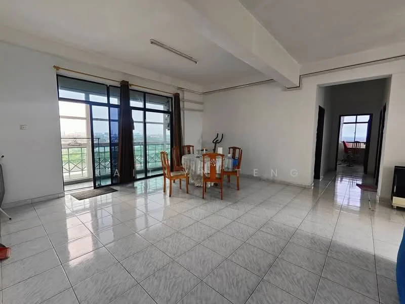 Dining features: white painted walls, glossy ceramic tile flooring, floor-to-ceiling windows, glass sliding door, dining table with four wooden chairs, curtains, light fixture on ceiling, open layout to living area, view of city skyline; style: modern; view: city. Room features: white painted walls, glossy ceramic tile flooring, open layout, doorway leading to another room.