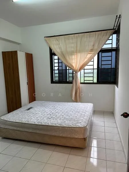 Bedroom features: single bed mattress, wooden wardrobe with sliding doors, white tiled flooring, cream curtains, window with black metal grills, plain white walls, ceiling light fixture.