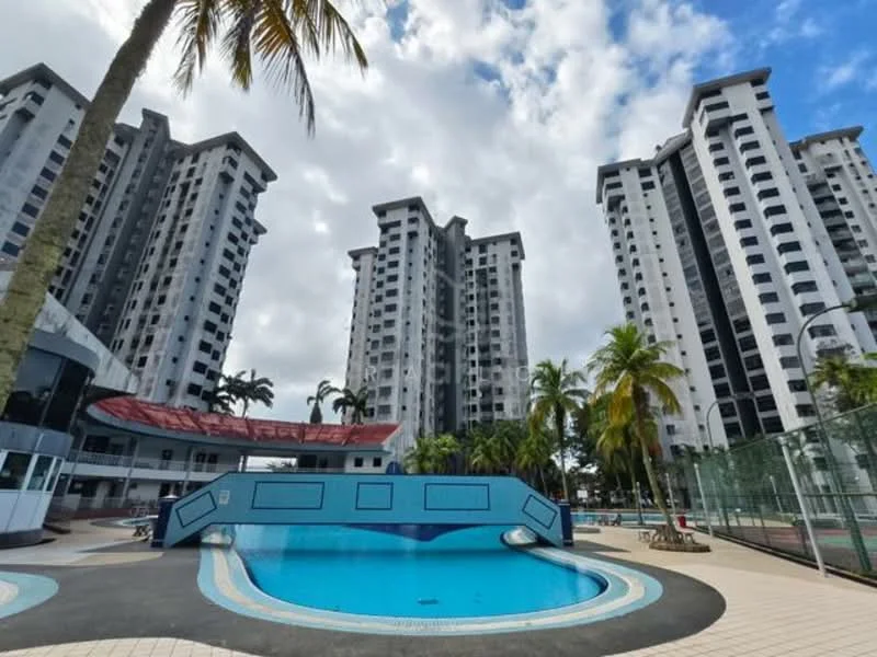 Exterior type: high-rise condominium; features: swimming pool, pool deck with loungers, surrounded by palm trees, multiple high-rise buildings, landscaped grounds, tennis court, covered walkway, red roof on clubhouse, glass facade, outdoor seating area; style: modern.