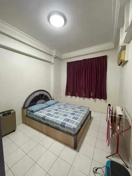 Bedroom features: queen-size bed with patterned bedding, white walls, crown moulding, tile flooring, purple curtains, ceiling light fixture, air conditioning unit, wooden bed frame, nightstand, laundry rack.